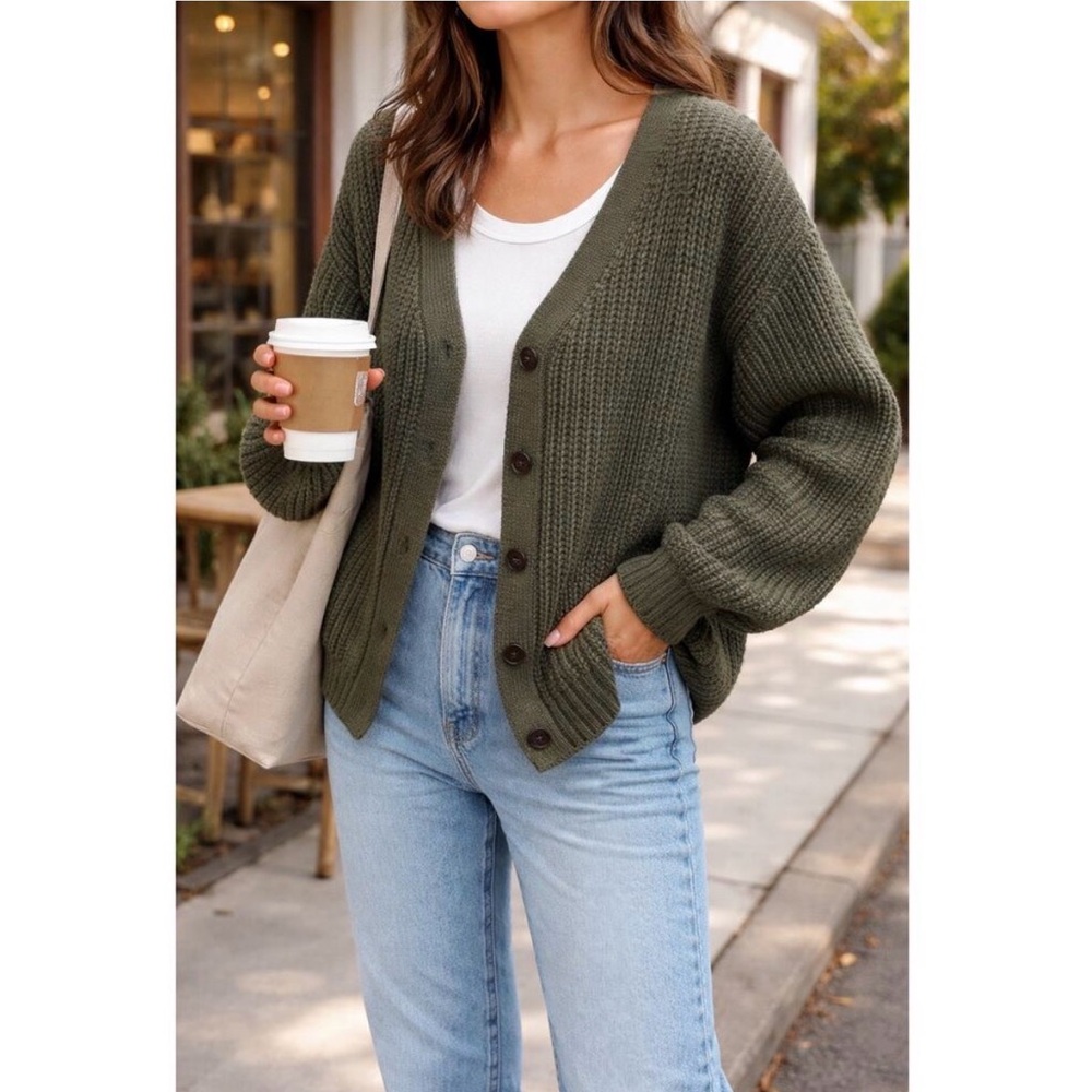 Waffle Knit Button Cardigan | Size Small |‎ Olive Green 100% Cotton